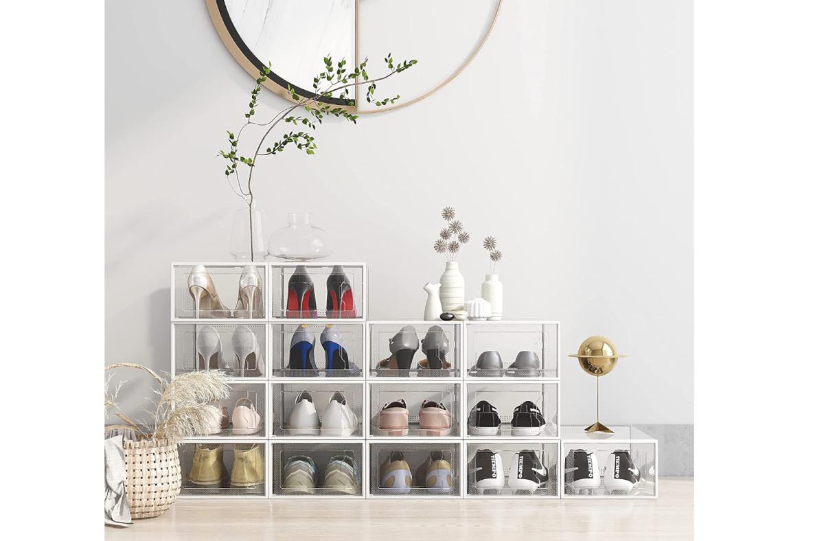 12 Pack Shoe Storage Box, Clear Plastic Stackable Shoe Organizer